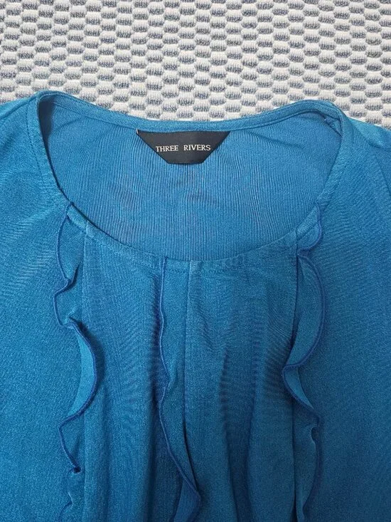 Three Rivers Ruffled Vibrant Blue Short Sleeves Blouse Japan Made - Size Medium - Picture 4 of 7